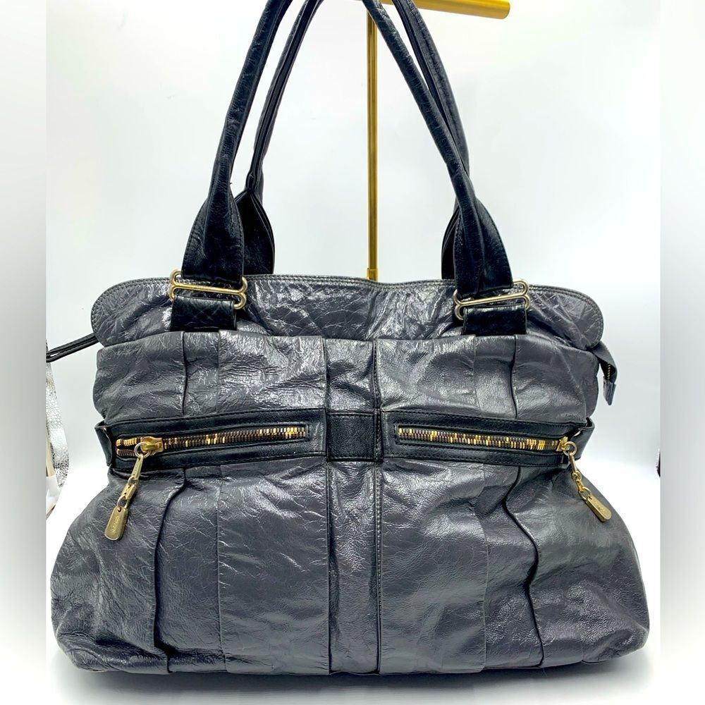 See by Chloe Large Gray Patent Black Leather Trim Two Zip Shoulder Bag Auth